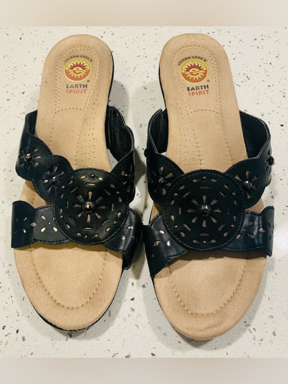 Earth Spirit Maddy Women’s Black Leather Rhinestone Slip On Sandal Heel Size 10